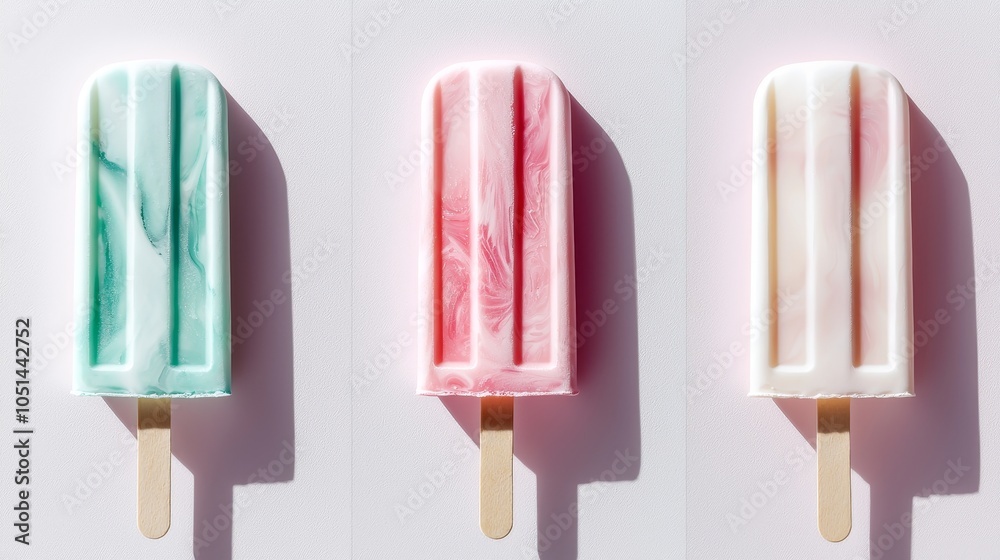 Three artistic popsicles, marbled textures in pastel tones, soft reflections and minimal shadows on a white background Three artistic popsicles, marbled textures in pastel tones, soft reflections and minimal shadows on a white background