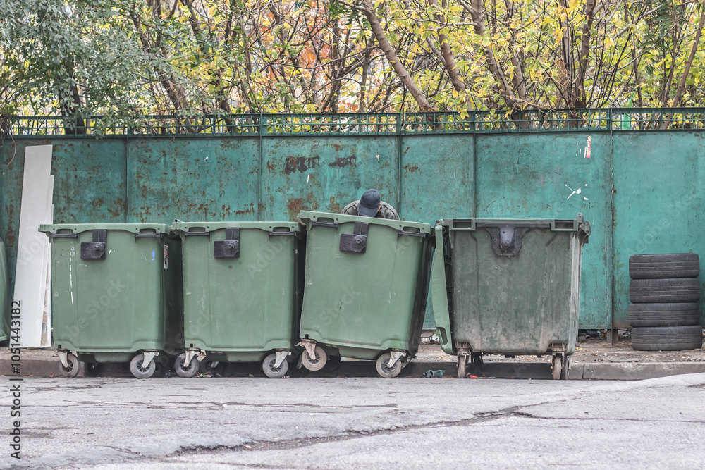 Desperate old man rummages through a trash can looking for food and some clothes Desperate old man rummages through a trash can looking for food and some clothes