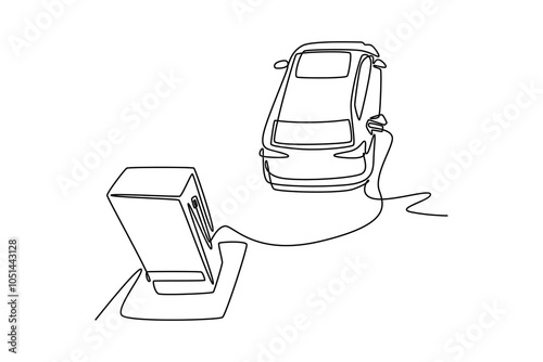 Electric vehicle concept. Single line draw design vector graphic illustration.