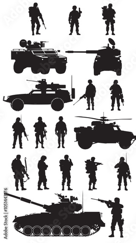 armed forces silhouette set. Collection of various realistic military vehicles