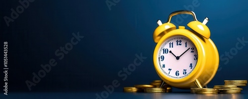 Yellow alarm clock with coins on blue background