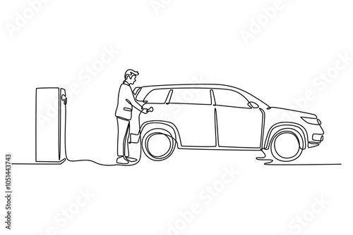 Electric vehicle concept. Single line draw design vector graphic illustration.