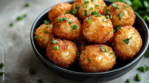 A plate of cheese balls with chives and black pepper. They look golden brown and ready to be eaten.