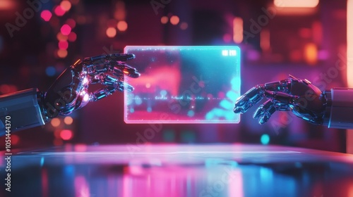 Robotic hands exchanging a dynamic digital tablet. photo