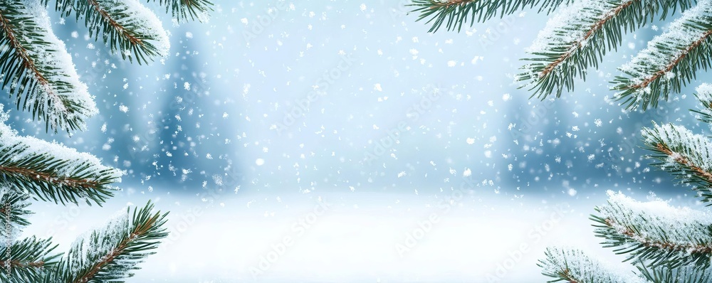 A soft snowfall scene with pine branches framing the edges, leaving space for text in the center, snowfall, pine branches, calm and bright A soft snowfall scene with pine branches framing the edges, leaving space for text in the center, snowfall, pine branches, calm and bright
