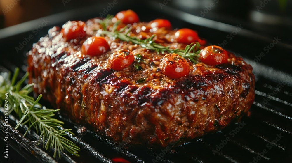 A grilled meat steak served on a metal grill pan, garnished with tomatoes and fresh parsley. A grilled meat steak served on a metal grill pan, garnished with tomatoes and fresh parsley.
