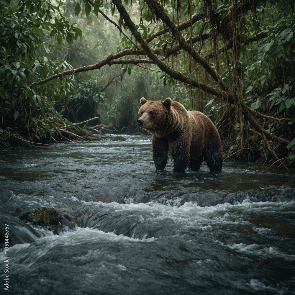 A bear fishing in a jungle stream, with vines hanging from overhead trees.
A bear fishing in a jungle stream, with vines hanging from overhead trees.
