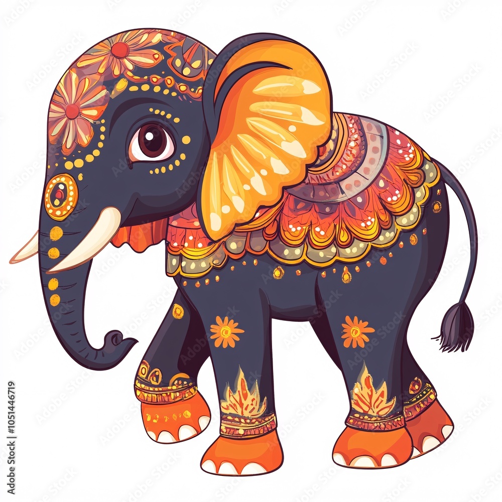 Obraz premium A playful Indian cartoon elephant with decorative patterns on its body