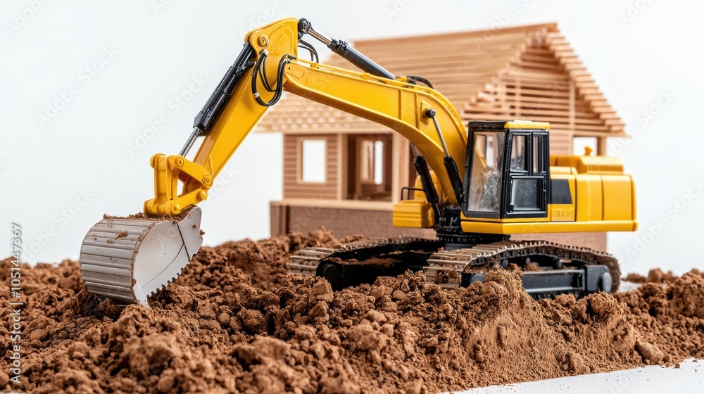 Yellow Powerful Excavator Digging at Construction Site with Dirt Piles Yellow Powerful Excavator Digging at Construction Site with Dirt Piles