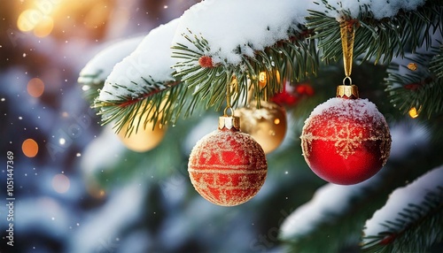 Red and Gold Christmas Ornaments on a Snow-Covered Pine Tree photo