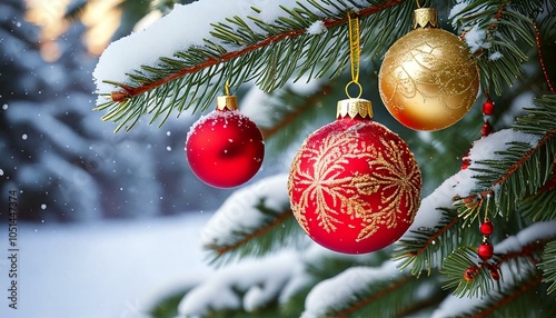 Red and Gold Christmas Ornaments on a Snow-Covered Pine Tree photo