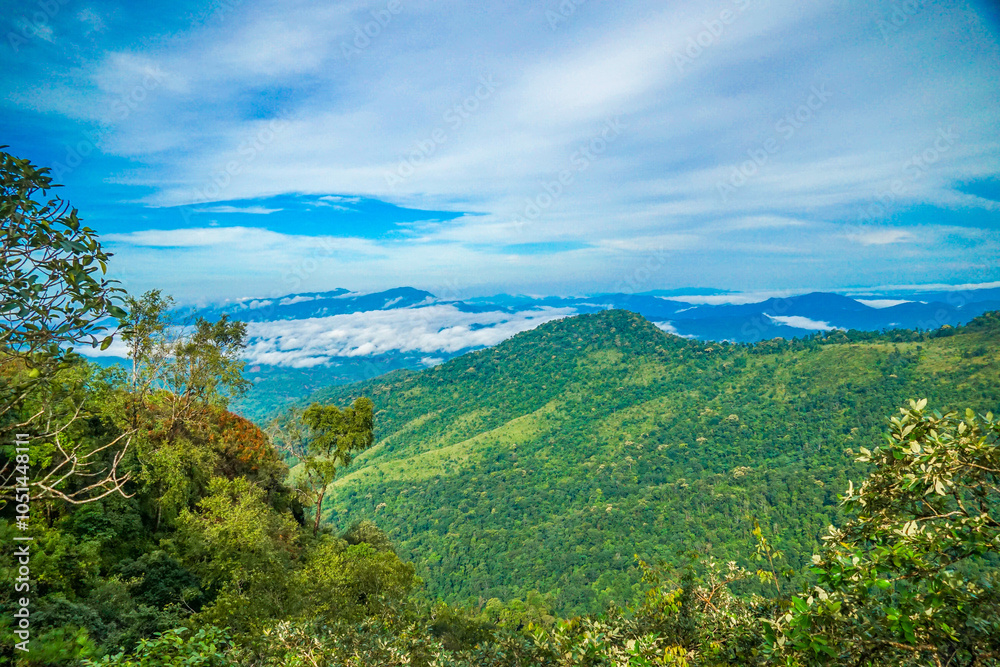 Obraz premium A breathtaking view of lush green mountains under a cloudy sky.