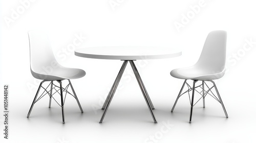 White round table with three contemporary chairs, isolated on white background, ideal for advertising and interior design promotions