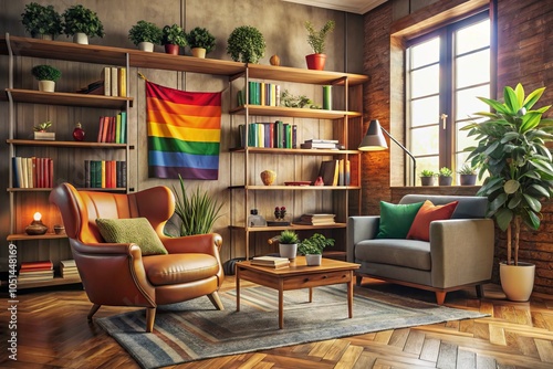 Vintage Style Photography of a Modern Living Room with Cozy Armchair, Stylish Shelving, Vibrant LGBT Flags, and Inviting Contemporary Decor Elements