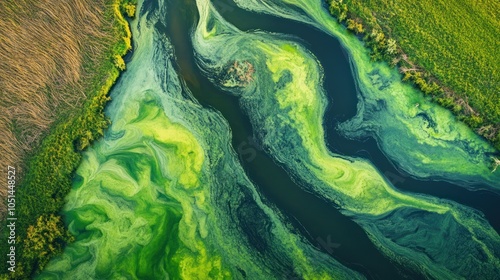 A river downstream from farms, heavily polluted with agricultural runoff, showing fertilizers and pesticides creating visible algae blooms and impacting water quality