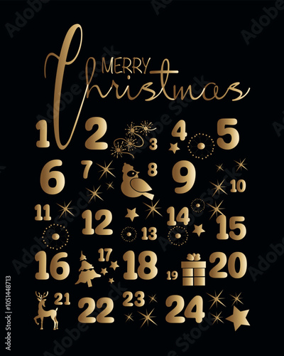 Vector Christmas gold advent calendar with bird, gifts, christmas tree, decorative balls. Countdown holiday calendar on black background