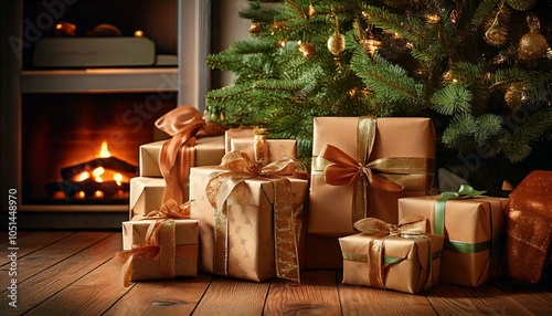 Wrapped Holiday Gifts Under a Decorated Christmas Tree photo