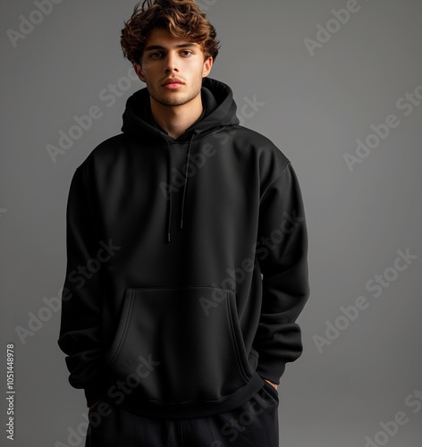 Man wearing mock up black hoodies