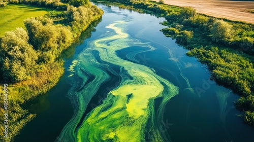 A river downstream from farms, heavily polluted with agricultural runoff, showing fertilizers and pesticides creating visible algae blooms and impacting water quality