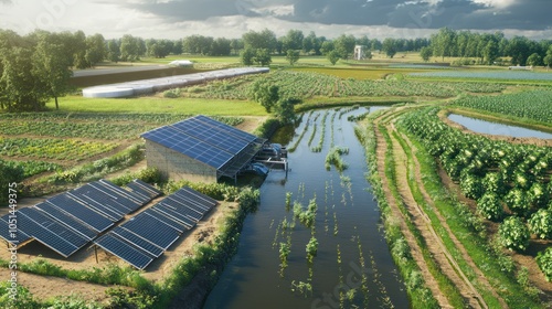 Fototapeta Naklejka Na Ścianę i Meble -  A farm using a renewable water supply system, where solar-powered pumps irrigate fields from nearby lakes, ensuring sustainable water management for crops
