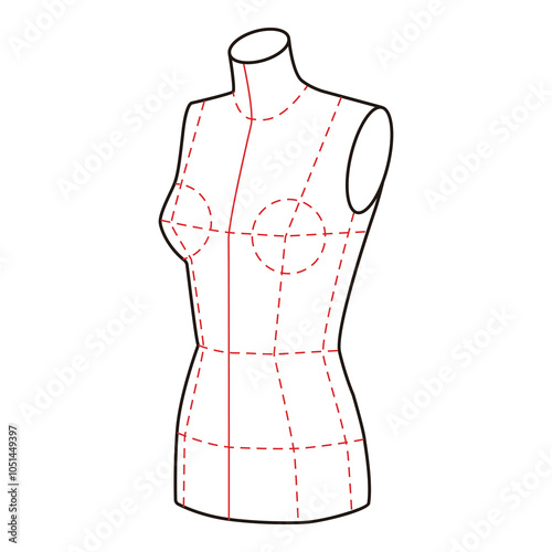 Minimalistic line drawing of a female dress form with red and black dashed guidelines, black outline on white

