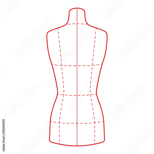 Minimalistic back view of a dress form mannequin with red dashed guidelines, simple line art

