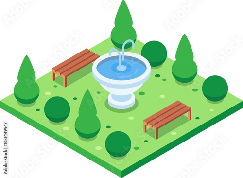 Serene isometric park scene featuring a water fountain, surrounded by benches, trees, and shrubs, creating a peaceful urban oasis