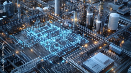 A smart grid network in an industrial area, where factories are powered by renewable energy sources that are monitored and controlled by AI-driven energy management systems