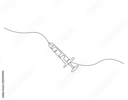 Continuous one line drawing of syringe for inject. One line drawing illustration of medical syringe. Medical health, vaccine vial, anti virus concept single line. Editable outline