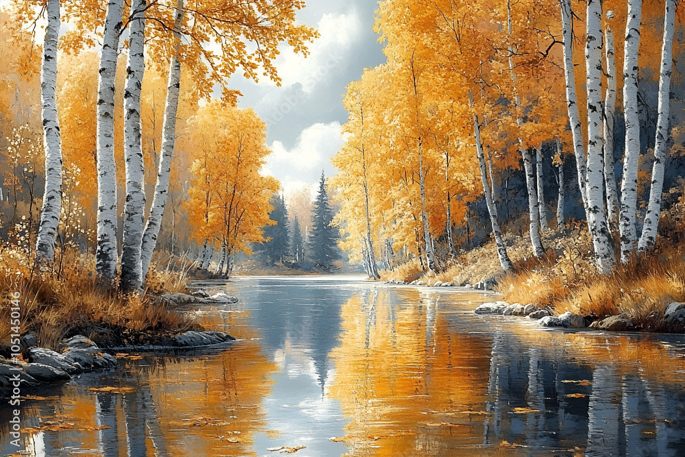 Obraz premium A serene landscape featuring golden autumn trees reflected in a tranquil river, under a cloudy sky, creating a peaceful and picturesque nature scene.