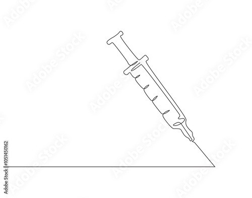 Continuous one line drawing of syringe for inject. One line drawing illustration of medical syringe. Medical health, vaccine vial, anti virus concept single line. Editable outline