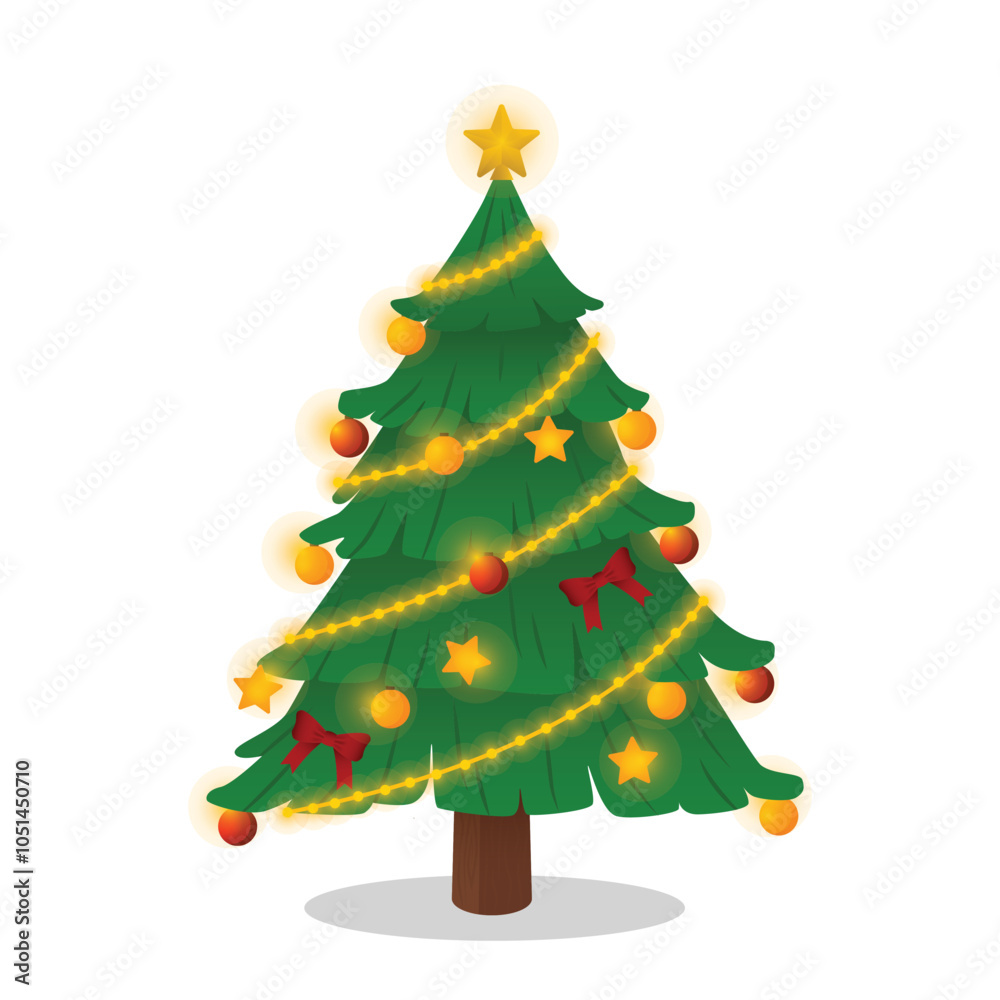 Christmas Tree with full ornament ribbon and star pine vector illustration with star ornament decoration in flat art style perfect for design element business and Christmas decoration template asset Christmas Tree with full ornament ribbon and star pine vector illustration with star ornament decoration in flat art style perfect for design element business and Christmas decoration template asset