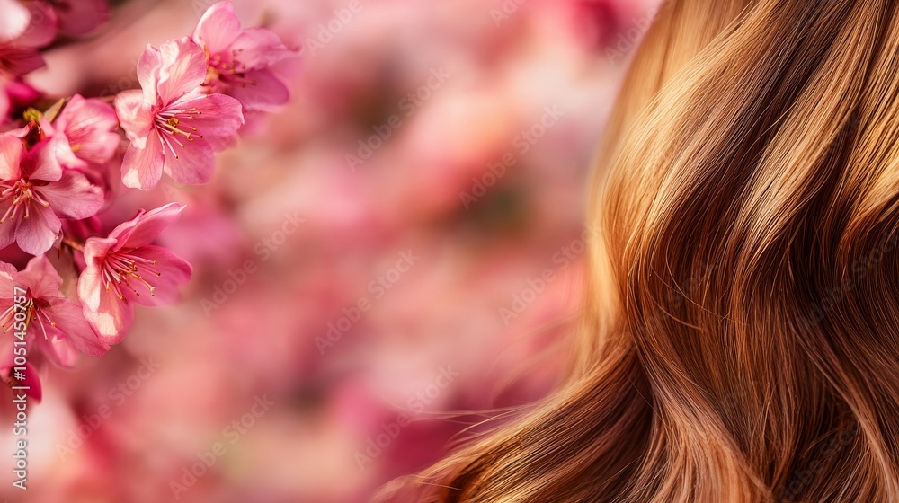 Naklejka premium Close-up of flowing hair next to beautiful pink cherry blossoms.