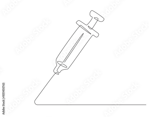 Continuous one line drawing of syringe for inject. One line drawing illustration of medical syringe. Medical health, vaccine vial, anti virus concept single line. Editable outline