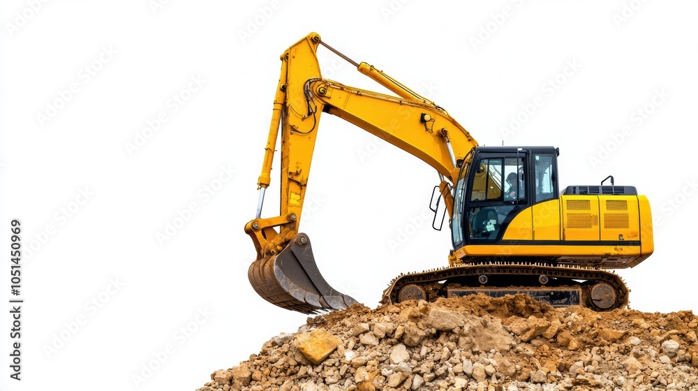 Obraz premium Large Yellow Excavator Digging at Construction Site with Piles of Dirt and Rubble
