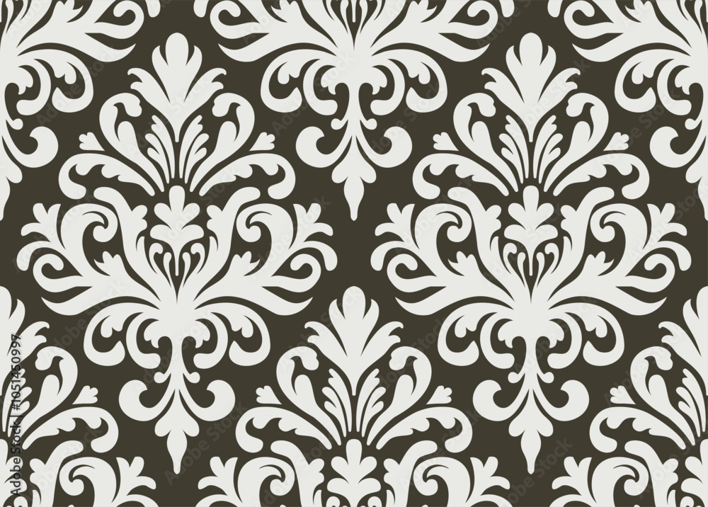 Classic black and white damask pattern with intricate floral motifs. Damask seamless pattern. Classic black and white damask pattern with intricate floral motifs. Damask seamless pattern.
