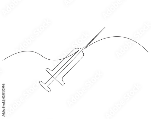 Continuous one line drawing of syringe for inject. One line drawing illustration of medical syringe. Medical health, vaccine vial, anti virus concept single line. Editable outline