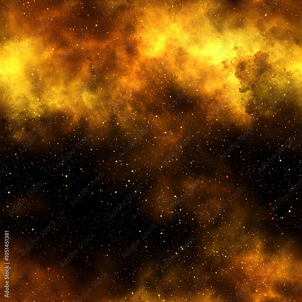 Naklejka premium Yellow Galaxy Nebula Outer Space Stars Seamless Pattern, Space Texture 