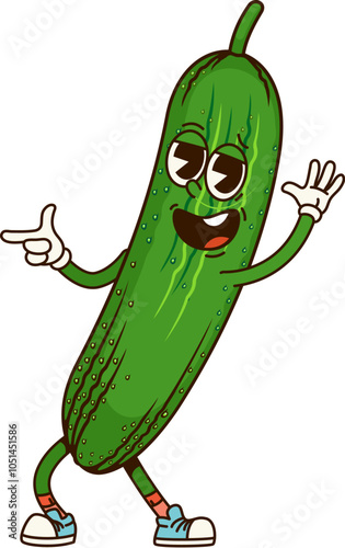 Groovy cucumber vegetable character with playful expression, wearing casual shoes and showing finger gun gesture. Isolated cartoon vector ripe, fresh farm veggie personage promotes healthy eating