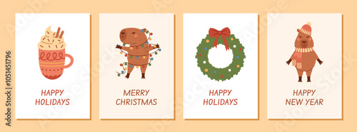 Set of greeting cards with cute Christmas capybara in warm clothes, with Christmas lights, garland. Collection of winter New Year posters with Christmas wreath and coffee mug. Vector flat illustration