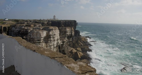 Unique Coastal Rock Formations by the Sea in slow motion, day. This is in Peniche, Portugal. With a view to the atlantic ocean