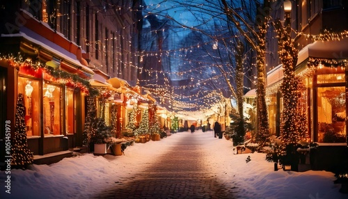 Sparkling Holiday Lights on a Snowy Street in Winter photo