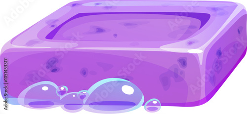 Cartoon lavender soap, isolated vector vibrant, rectangular, purple bar of soap with bubbles around it, representing lavender-scented flower cosmetics or beauty care product emphasizing cleanliness