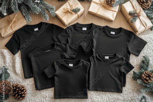 Multiple black shirts mockup. Group of kid and adult size crewneck t-shirts mock up. Laying short sleeve tees on floor. Christmas 4 matching tshirts mockup without models. Family basic shirts mockup  photo