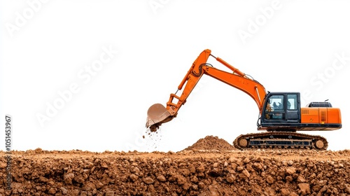 Powerful Orange Excavator Digging in Dirt at Construction Site