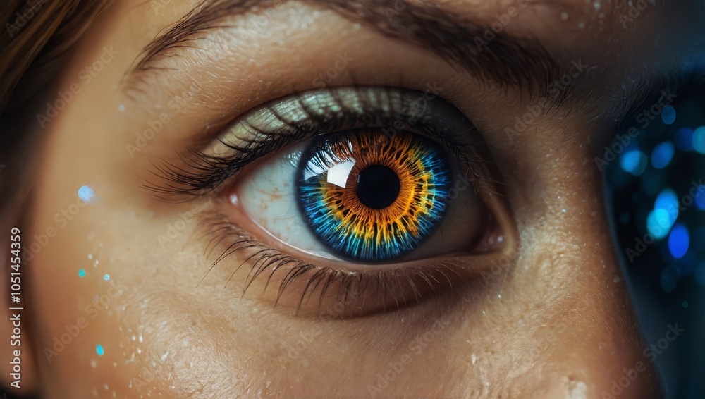  Close up female eyes as a biometrics eye scanning photorealistic futuristic digital cyber technology colourful facial recognition, dark background