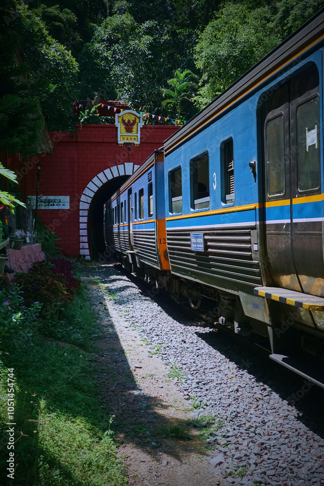 Obraz premium A blue train entering a brick tunnel surrounded by lush greenery and a rocky path, capturing a serene railway scene.