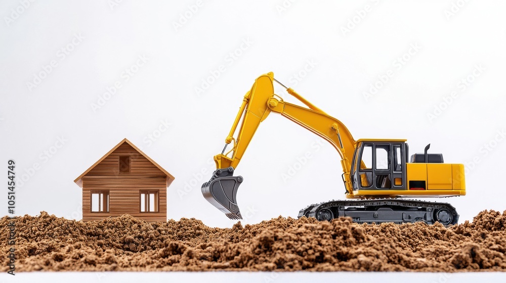 Obraz premium Excavator Working at a Construction Site with a Wooden House in the Background