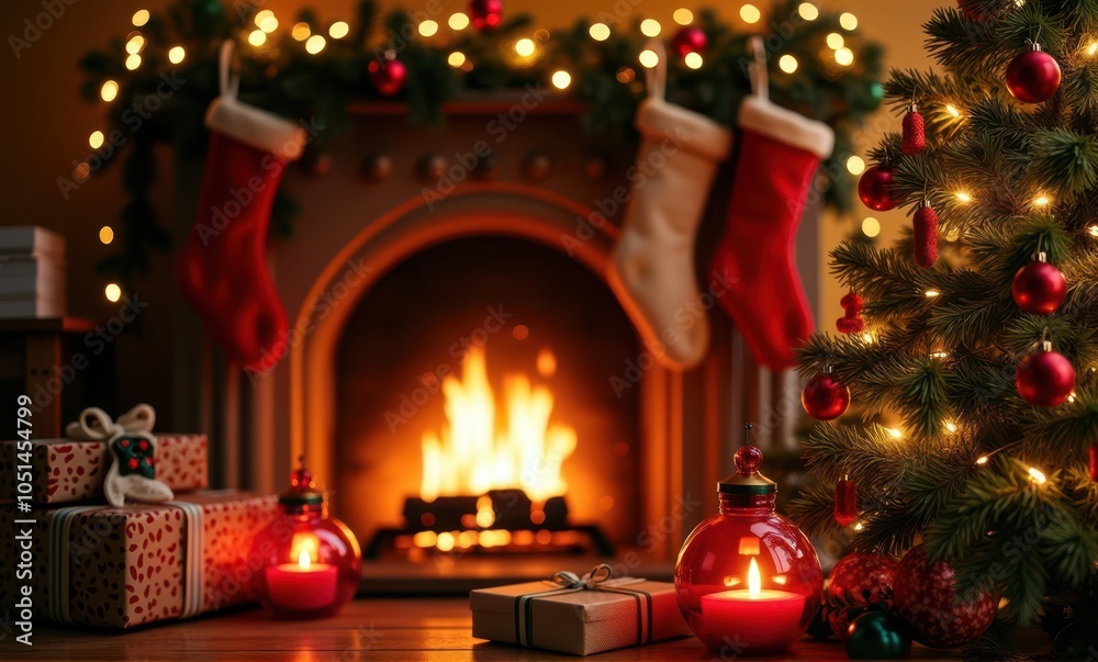 Christmas gifts tree lanterns fireplace mitten holiday