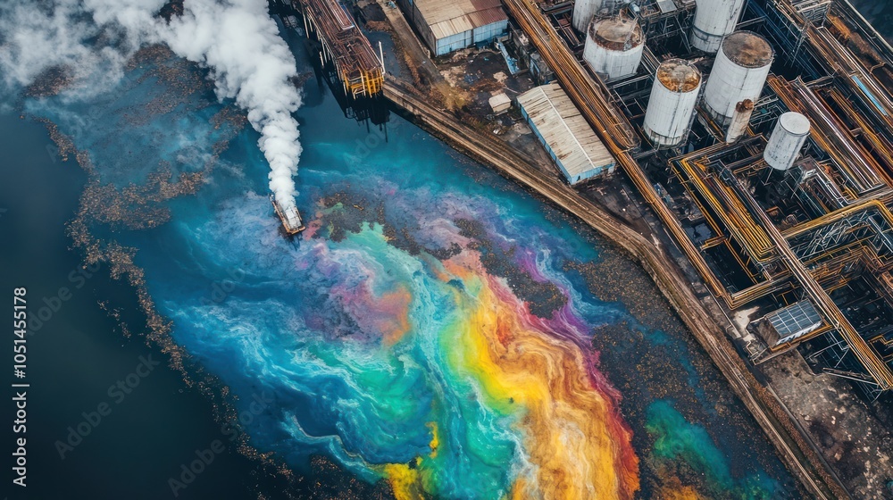 Φωτογραφία A polluted river with brightly colored chemical runoff flowing from nearby facto